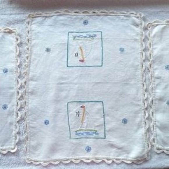 20% OFF Vintage 3-Piece Hand Embroidered Sailboat Doilies – c 1950s - Picture 1 of 10